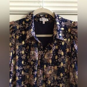 TCEC Navy Floral Blouse with Gold Highlights